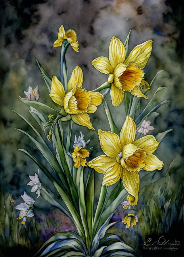 Vibrant yellow daffodils in detailed watercolor painting