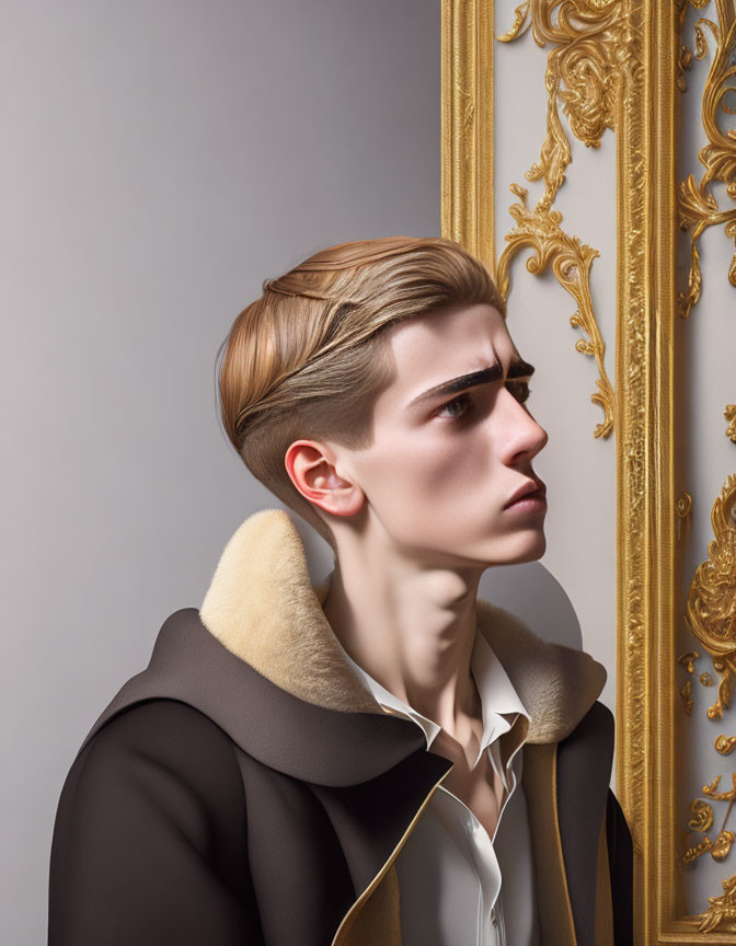 Sharp-featured person in stylish coat with fur collar next to golden ornate frame