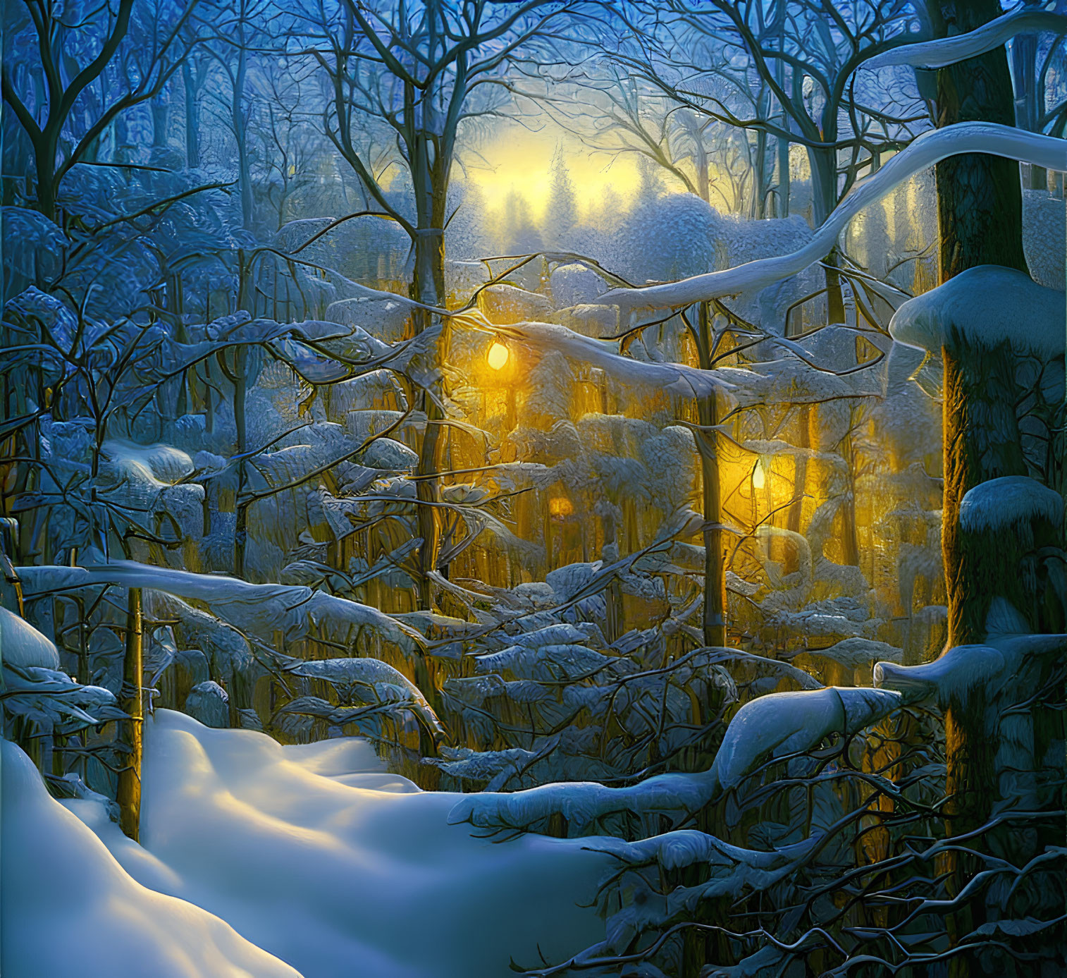 Snowy forest scene at dusk with warm light and intricate branches.