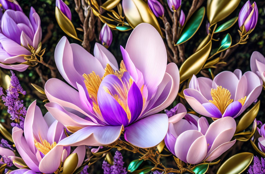 Blooming purple and pink magnolia flowers with golden stamens