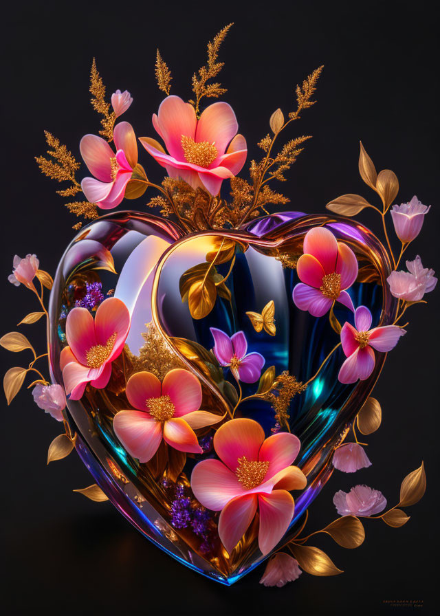 Shiny heart-shaped object with floral design on dark background