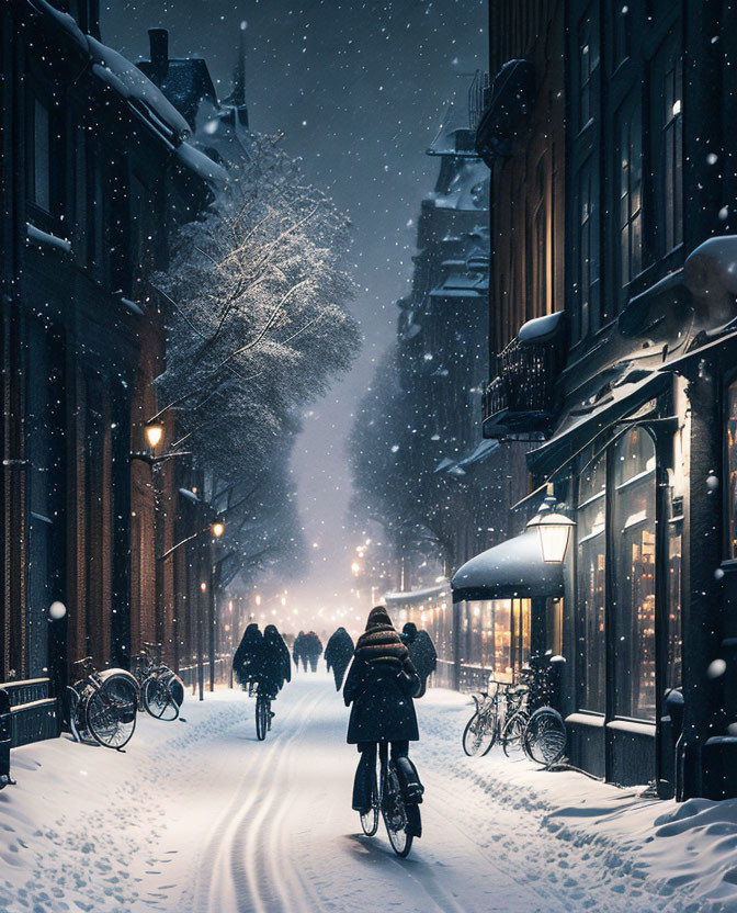 Snow-covered street at night: Cyclist, streetlights, snowflakes, parked bicycles, buildings