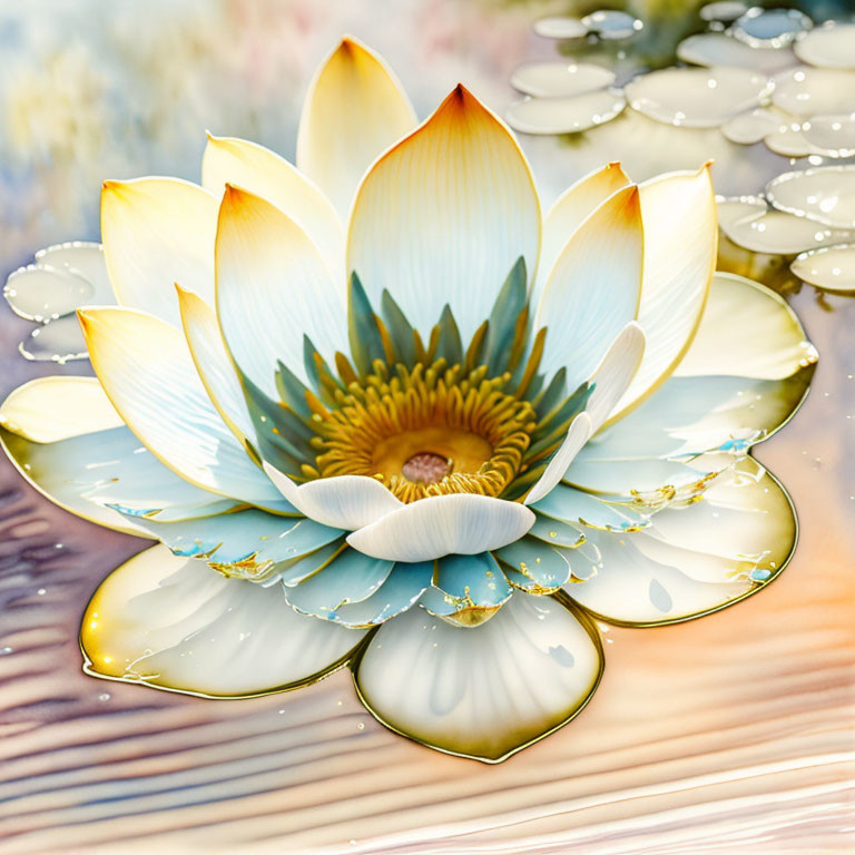 White Lotus Flower with Yellow Gradient on Water Surface