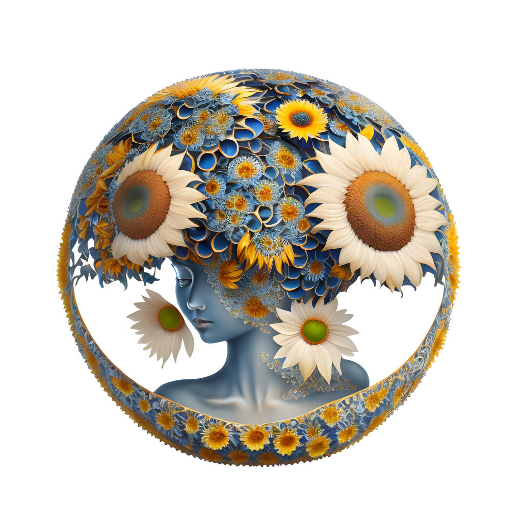 Blue female figure surrounded by fractal sunflowers on spherical artwork