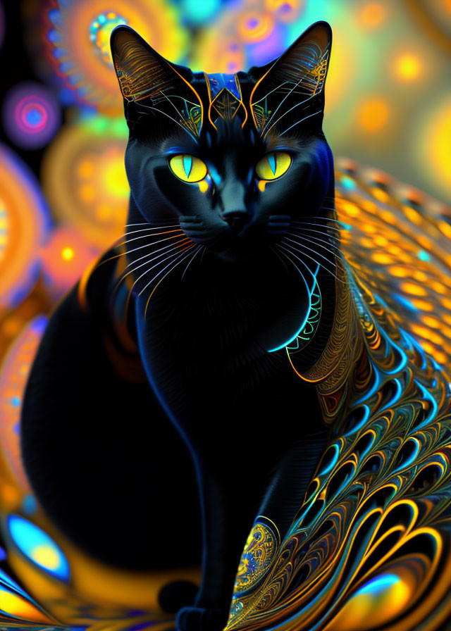 Sleek black cat with glowing yellow eyes in neon blue and gold patterns