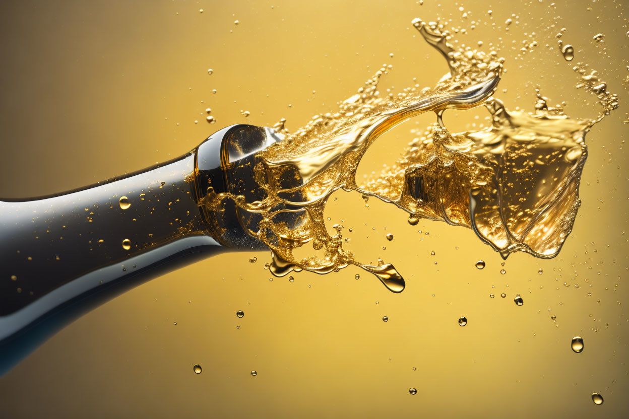 Dynamic liquid splash from bottle on golden background