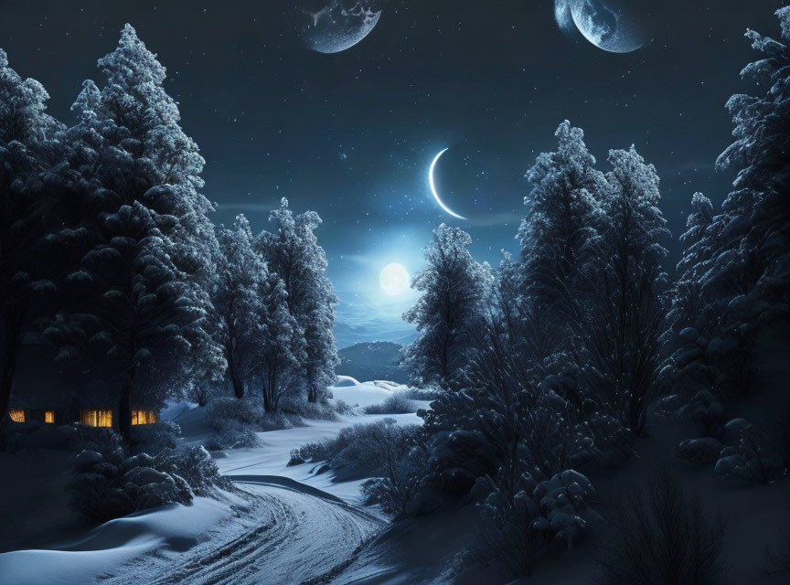 Snow-covered trees, cozy cottage, starry night with crescent moon and planets