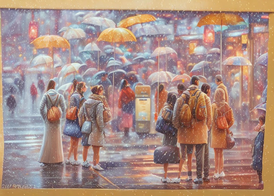 Snowy evening scene: People with umbrellas at bus stop.