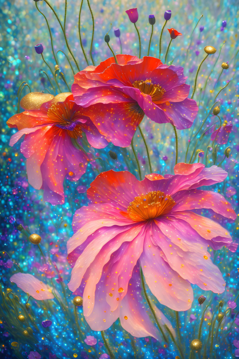 Colorful digital artwork: Pink and red poppies on glittering turquoise backdrop