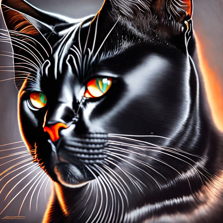 Digital Artwork: Black Cat with Green Eyes and Fiery Background