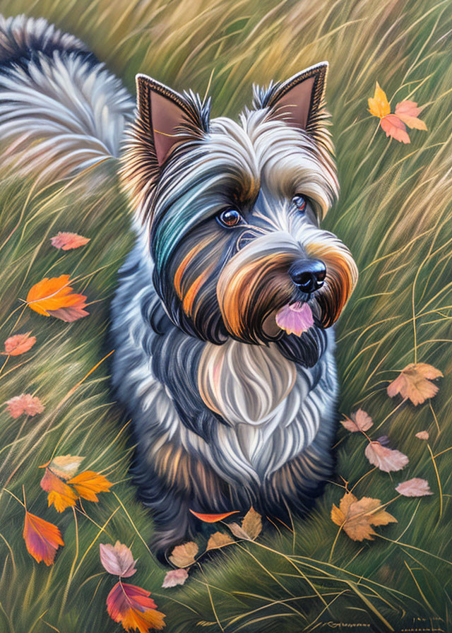 Yorkshire Terrier in autumn field with glossy coat and attentive look