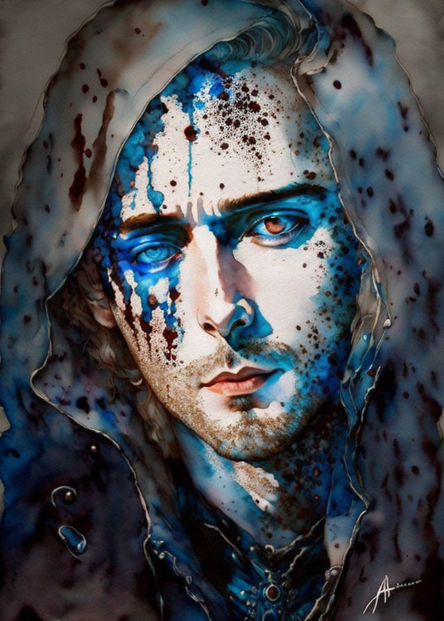 Intense blue-eyed man in watercolor with ink splatters