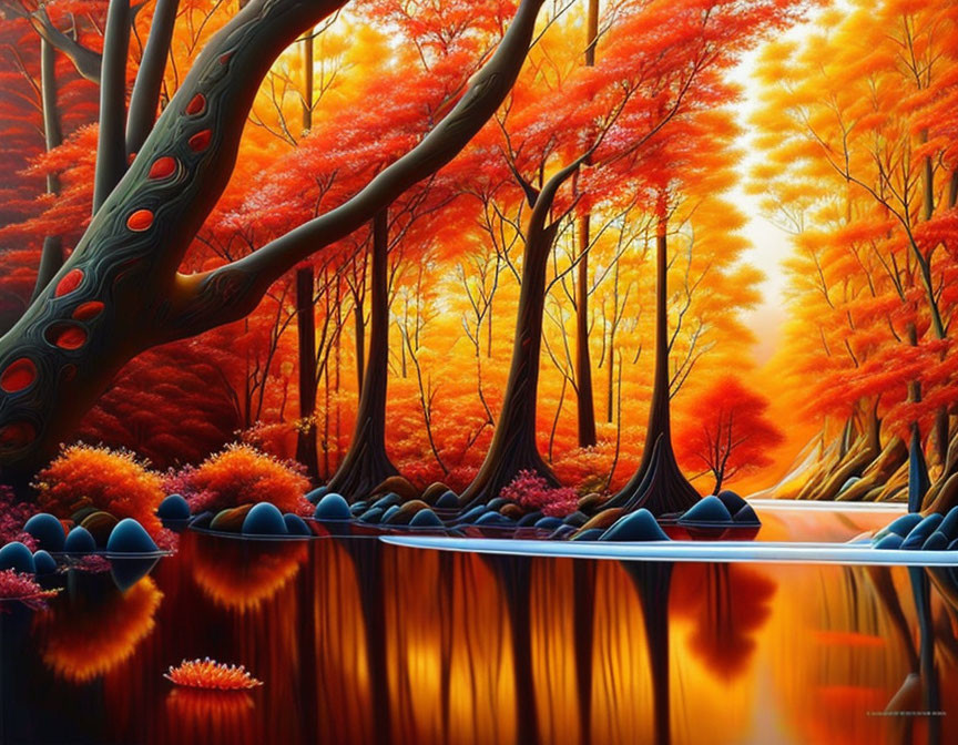 Vibrant autumn forest with red and orange leaves reflected in blue river