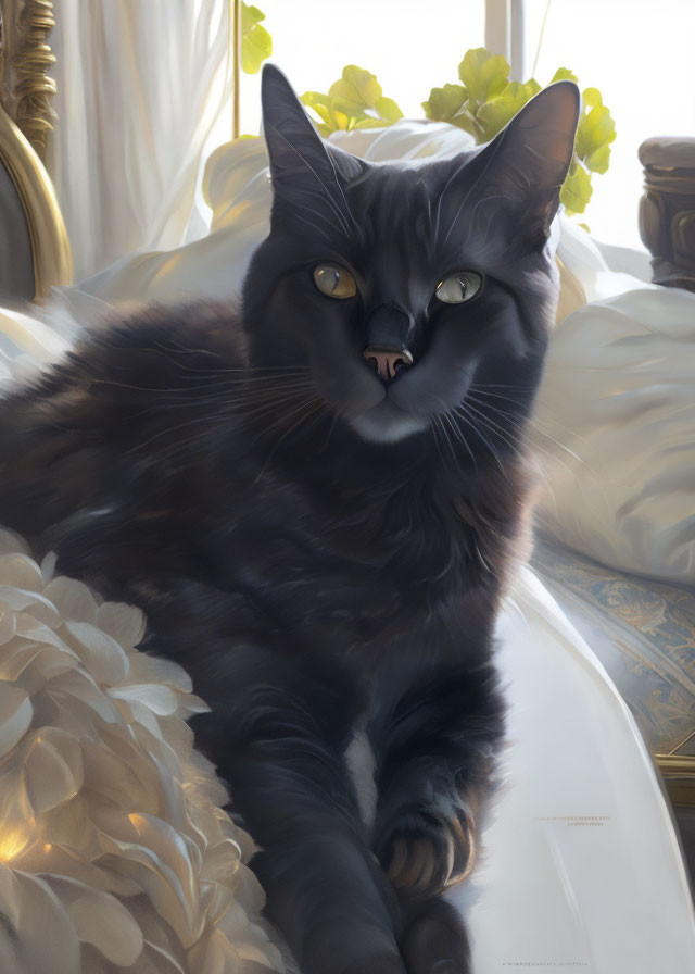 Black cat with yellow eyes on luxurious white bedding