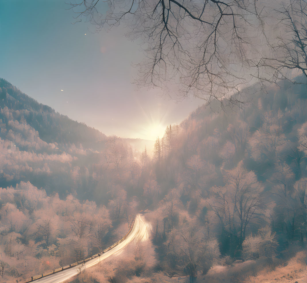 Winter sunrise over frost-covered forest with winding road.