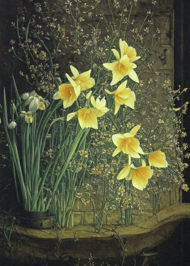 Still life painting of yellow daffodils and white flowers in vases on dark background