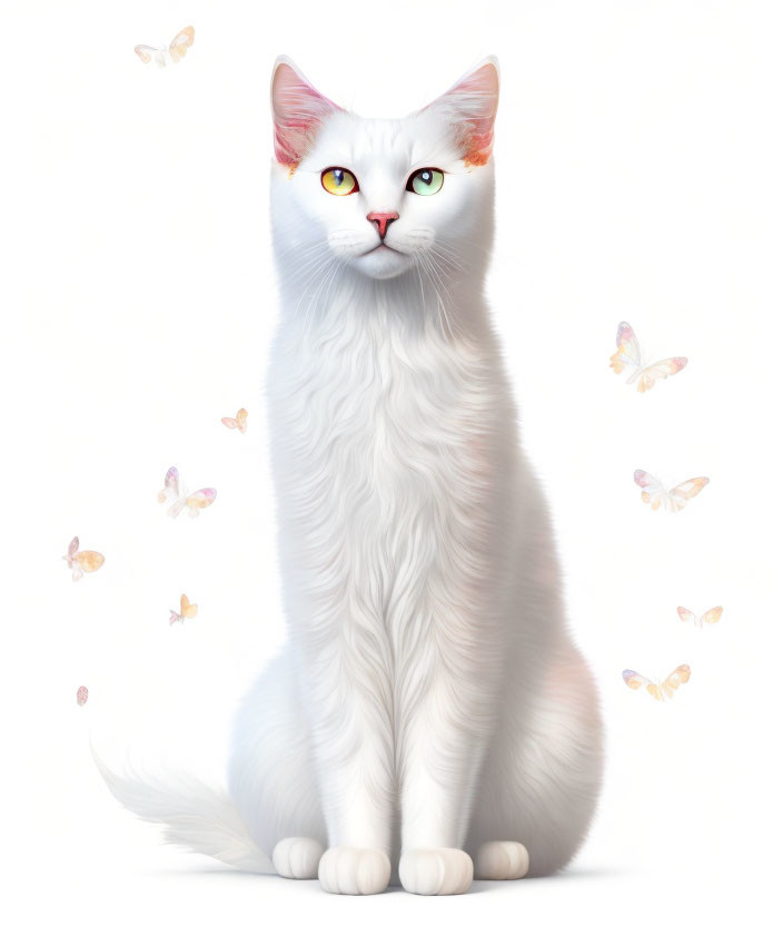 Realistic White Long-Haired Cat with Multicolored Eyes and Butterflies on White Background