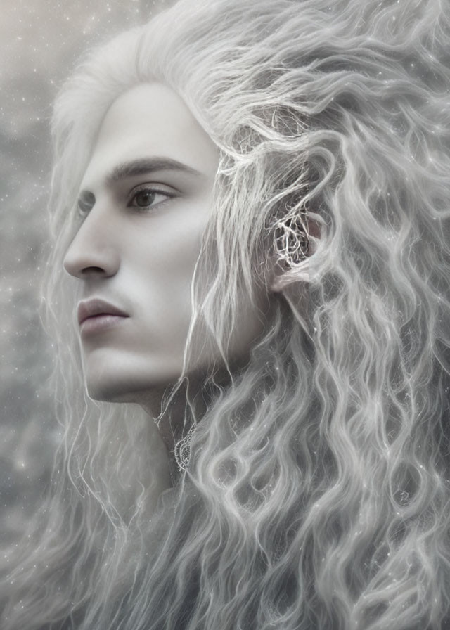 Ethereal being with pale skin and long white hair in starry setting