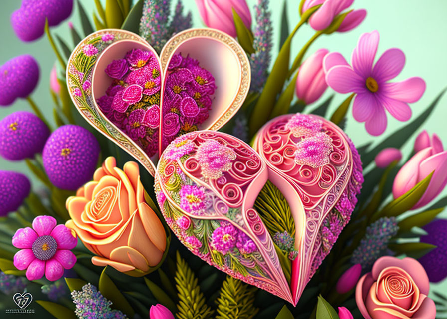 Digital artwork: Pink and orange flower bouquet with ornate floral heart shapes