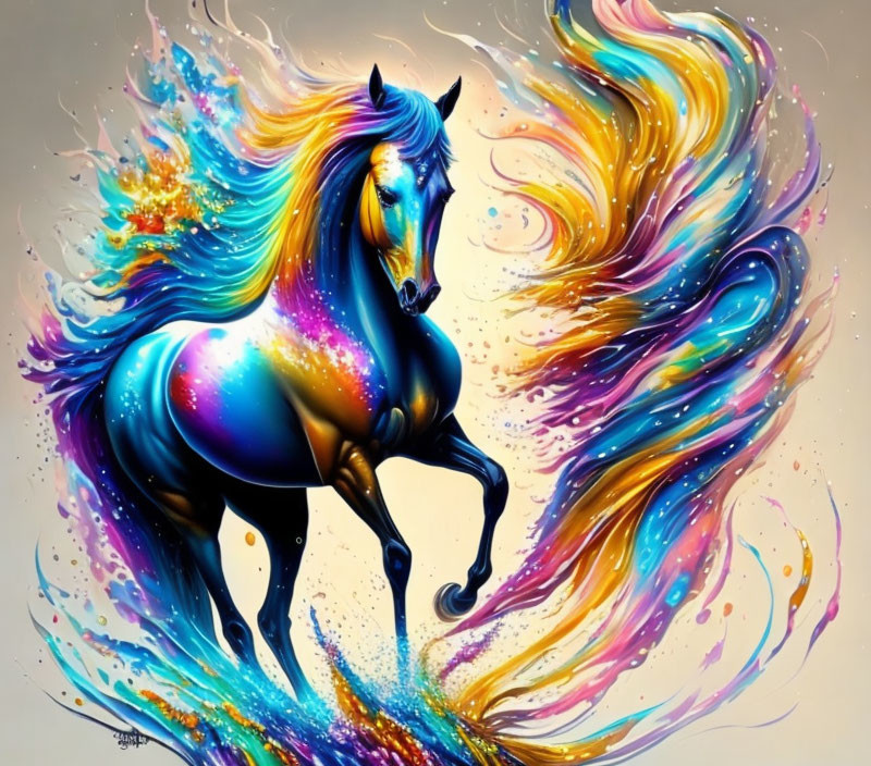 Colorful Horse Illustration with Abstract Blue, Yellow, and Pink Splash