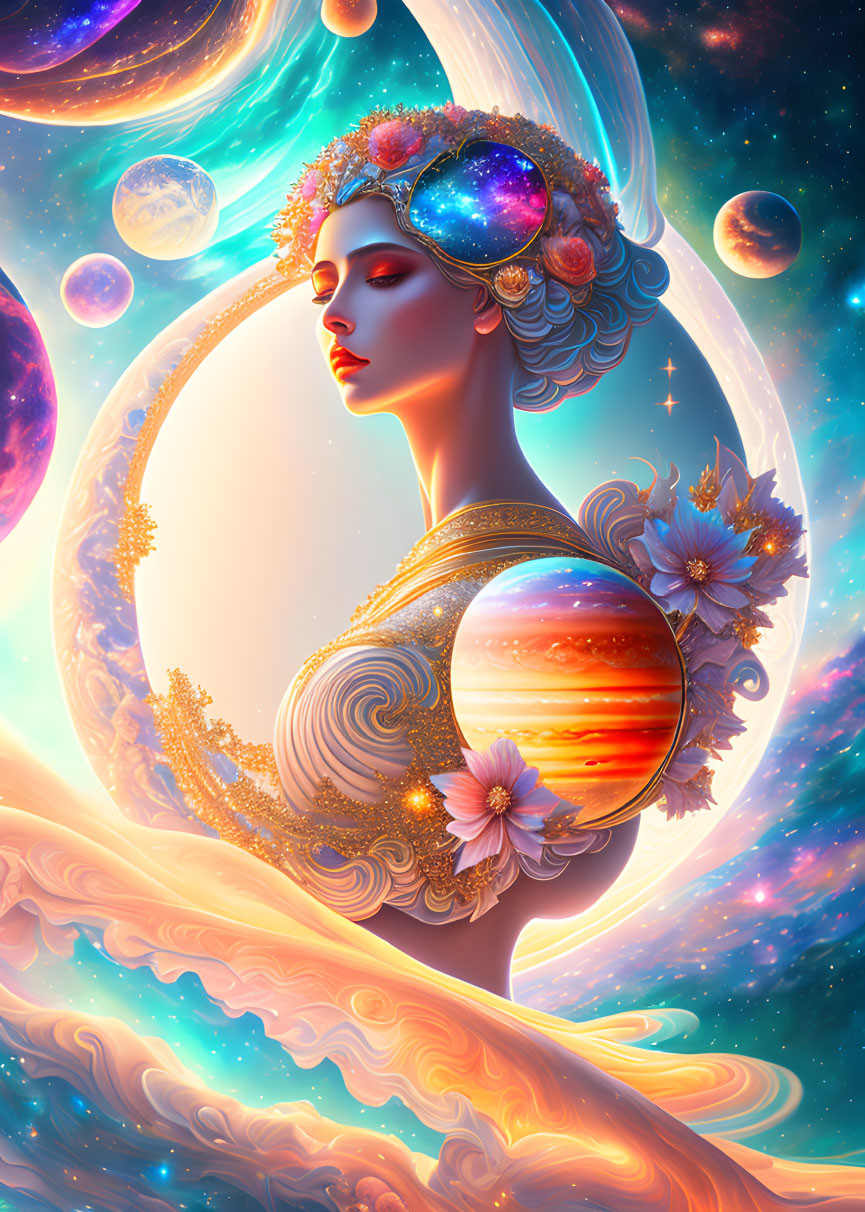 Cosmic-themed digital artwork featuring serene woman and celestial elements