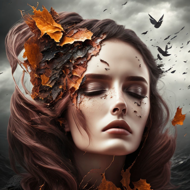 Woman with autumn leaves and bark merging into head, birds flying in stormy backdrop