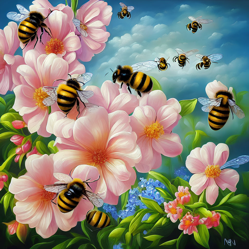 Bees flying around pink flowers under blue sky