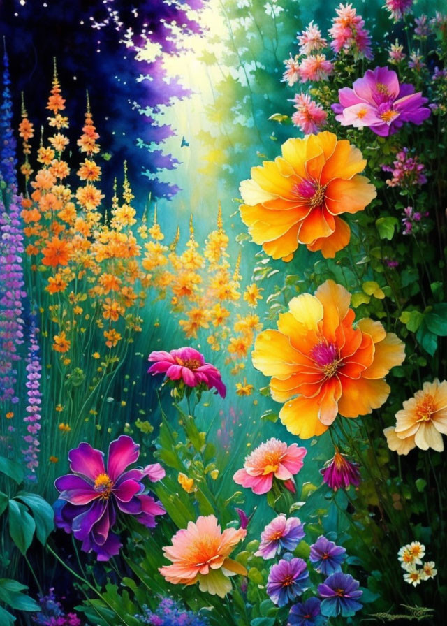 Vivid painting of lush garden with orange and purple flowers