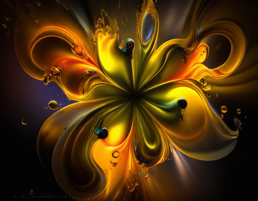 Symmetrical floral-like abstract digital artwork with glowing yellow, orange, and blue hues