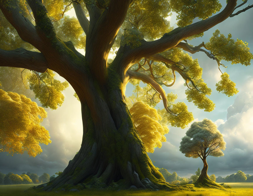 Majestic large tree with thick trunk and golden leaves in sunlit meadow