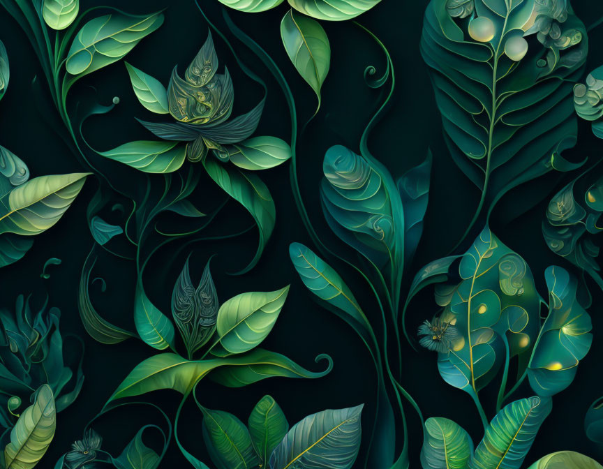 Detailed Stylized Green Plants on Dark Background