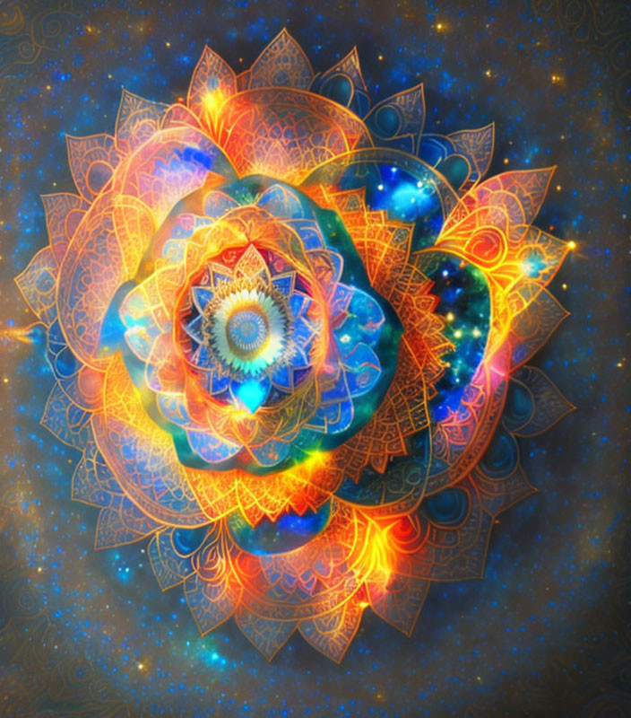 Colorful multilayered mandala with cosmic elements on starry backdrop