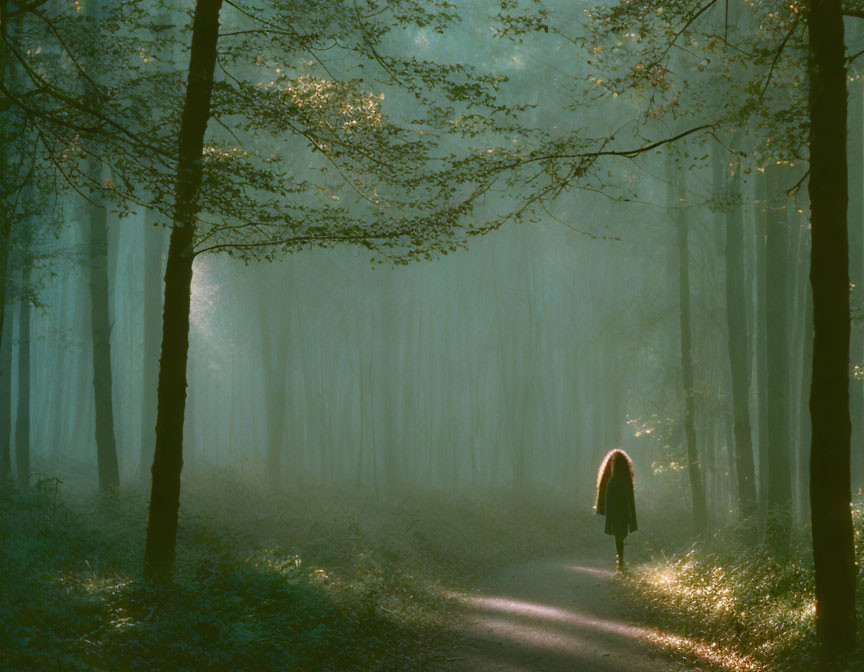 Person Walking on Sunlit Path Through Misty Forest