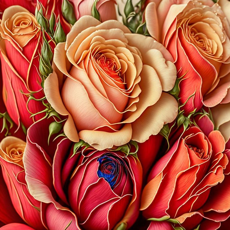 Colorful Close-up of Peach, Red, and Unique Blue/Black-Patterned Roses