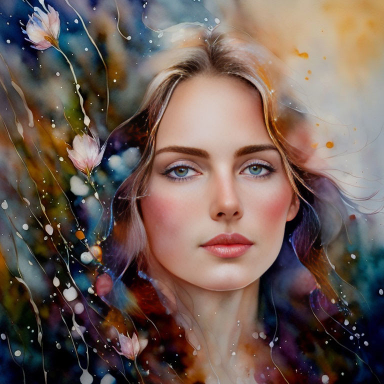 Portrait of Woman with Blue Eyes in Colorful Ethereal Background