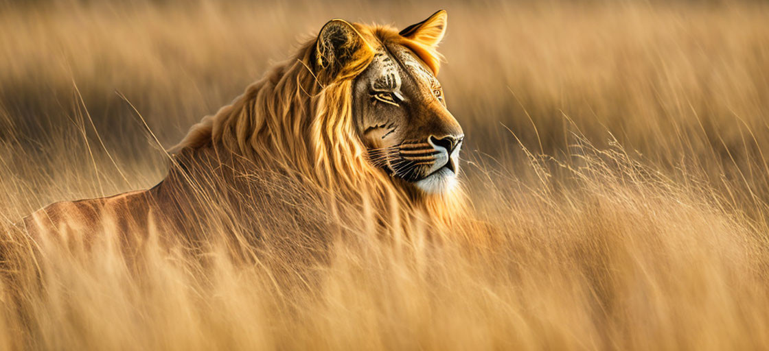 Male lion with lush mane in golden savannah grass