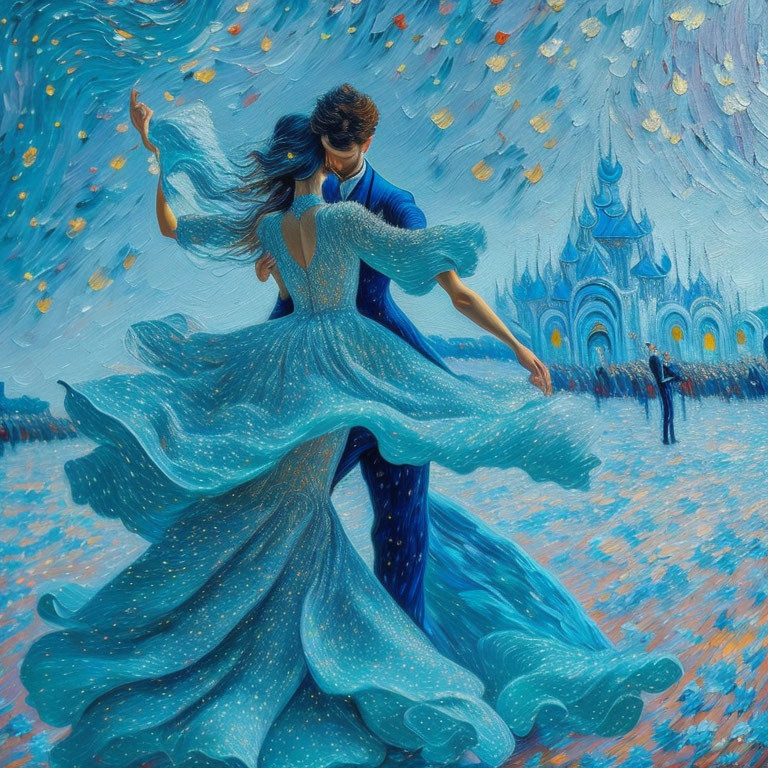 Couple in formal attire dancing in fantastical blue landscape with ornate castle.