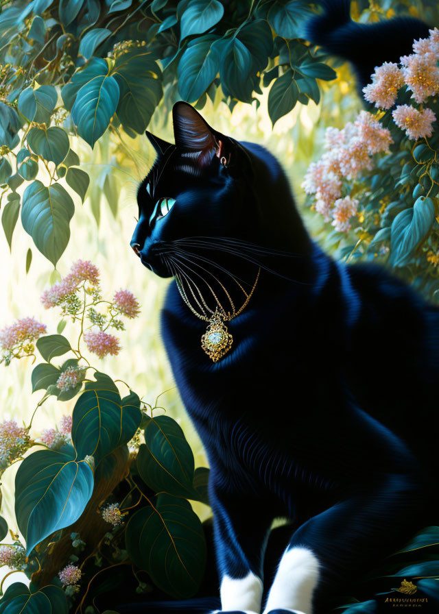 Black cat with golden pendant in lush floral setting