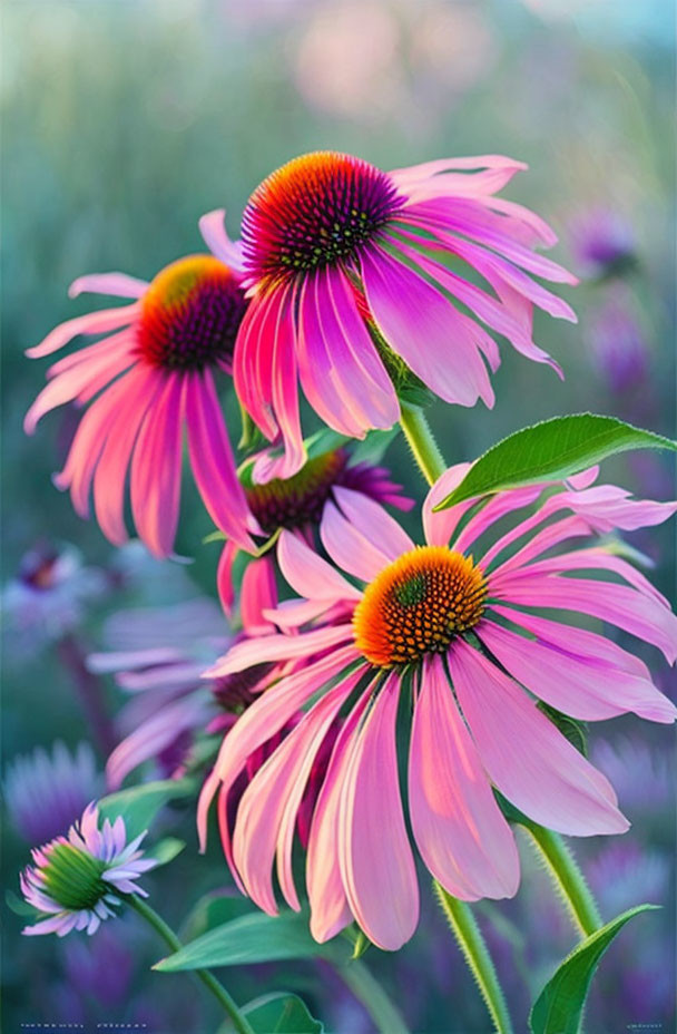 Pink-Purple Coneflowers with Orange-Brown Centers in Green Foliage