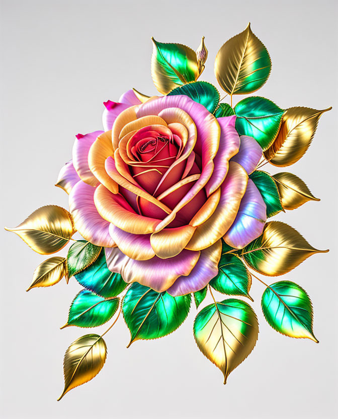 Multicolored rose with gradient petals and gold-tinged green leaves on light background