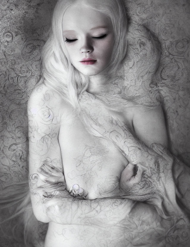 Monochromatic portrait of person with white hair and floral body art