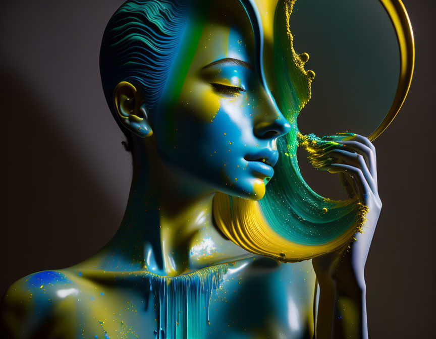 Surreal portrait with blue and gold paint and abstract shapes