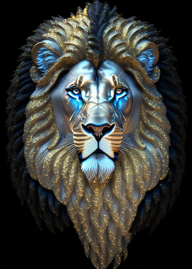 Stylized lion image with blue and gold shimmering mane