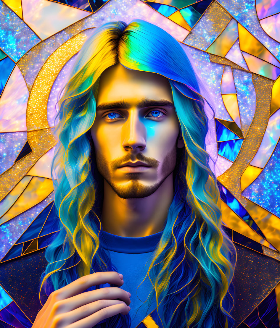 Colorful digital portrait of a person with long blond hair and blue eyes against geometric stained glass background