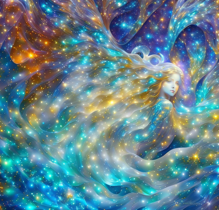 Woman with flowing hair amidst cosmic stars and nebulas on vivid galactic background