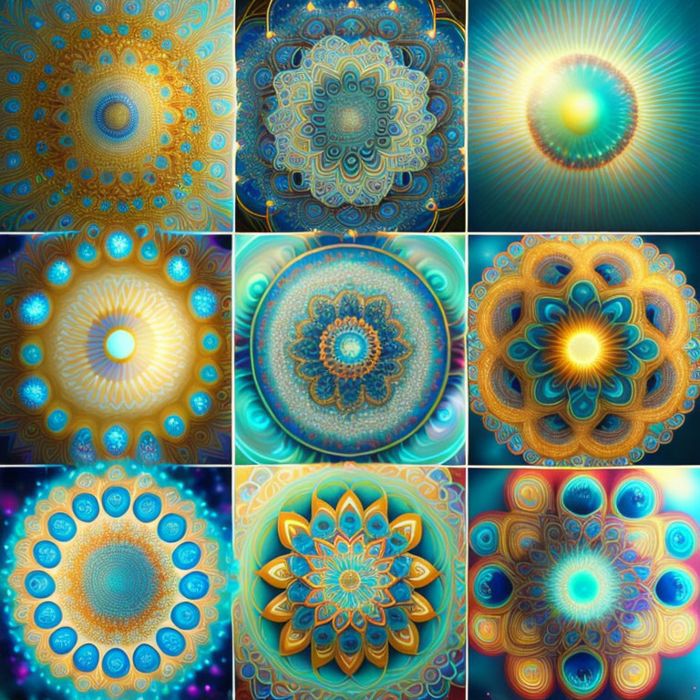 Nine Intricate Mandala Designs with Symmetrical Patterns in Blues to Golds