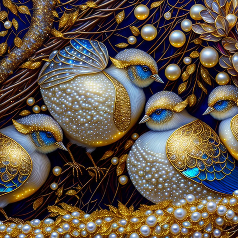 Stylized pearl-encrusted birds in golden ornate floral setting