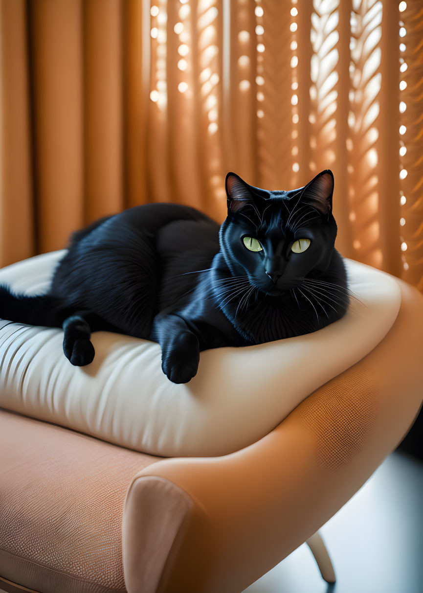 Black Cat with Green Eyes Relaxing on Modern Chair with Cream Cushion