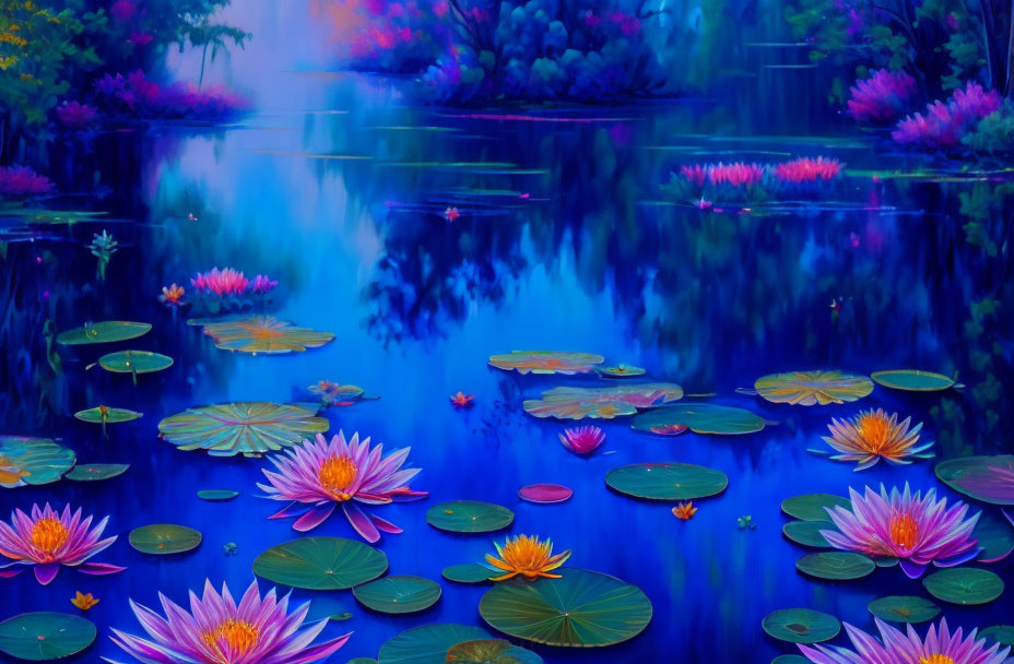 Colorful Water Lilies and Lily Pads in Serene Pond