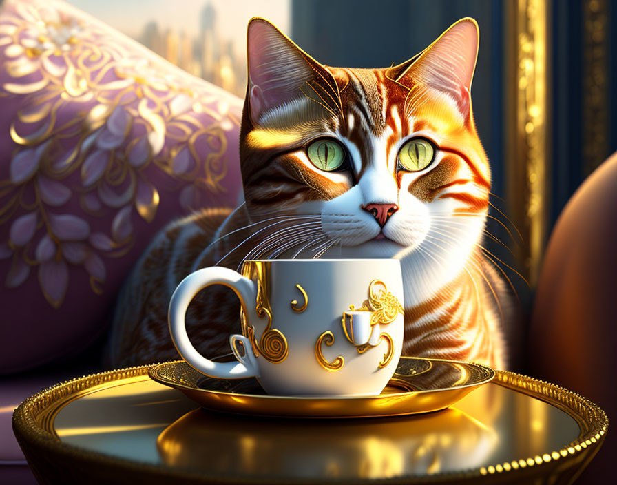 Orange Tabby Cat with Green Eyes Poses with Golden Cup in Luxurious Setting